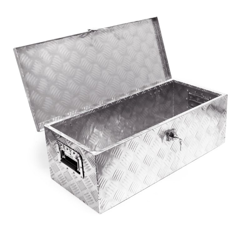 Terpo Aluminijasta orodjarna škatla 76 x 32 x 24,5 cm – srebrna transportna škatla z ročaji in ključi, za prikolico, 59 l