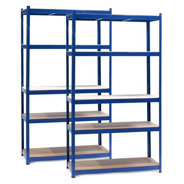Terpo Komplet 2 skladiščnih regalov 1000 × 600 × 2000 mm, 5 MDF-polic/regal, 200 kg/polico, moder okvir Delavnica in orodje