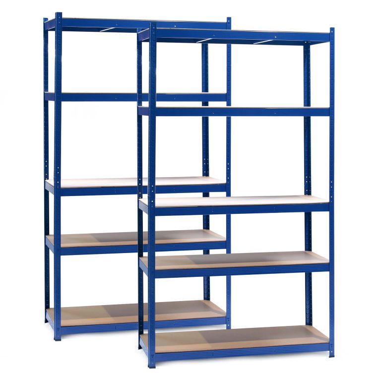 Terpo Komplet 2 skladiščnih regalov 1000 × 600 × 2000 mm, 5 MDF-polic/regal, 200 kg/polico, moder okvir Delavnica in orodje