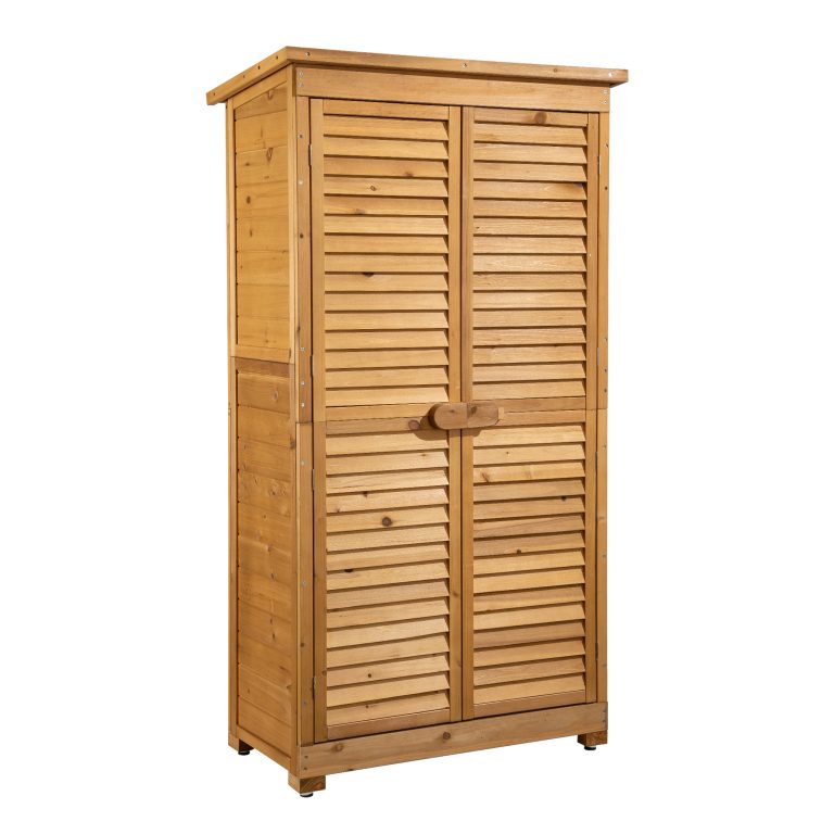 Terpo Lesena vrtna omara z lamelnimi dvojnimi vrati 82,5 × 42,5 × 160 cm – smrekov les in bitumenska streha
