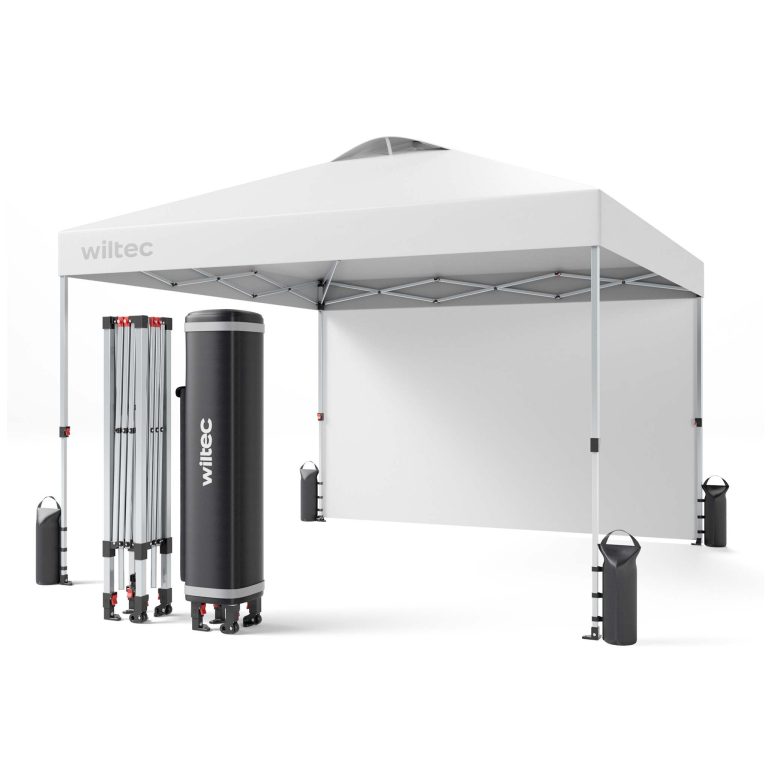 Terpo Pop-up paviljon 3 × 3 m s stransko steno in kolesi – bel, UV-zaščita 50+