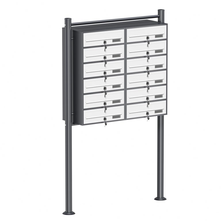 Terpo Samostoječi sklop 12 poštnih nabiralnikov iz pocinkanega jekla, bela in antracitna, 945 × 270 × 1500 mm Fasada, vrata, ograja