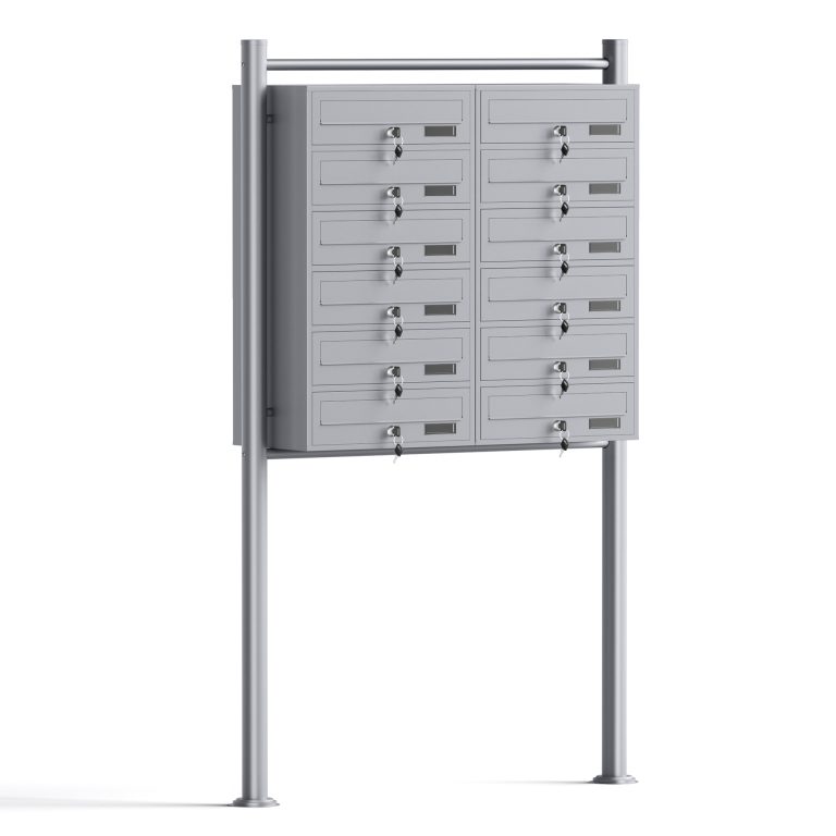 Terpo Samostoječi sklop 12 poštnih nabiralnikov iz pocinkanega jekla, srebrna, 945 × 270 × 1500 mm Fasada, vrata, ograja