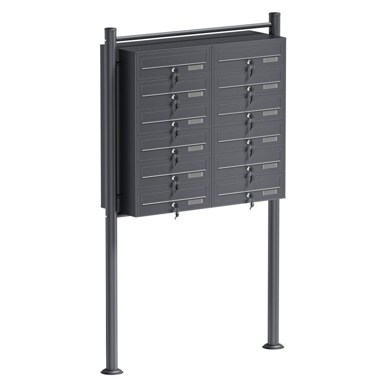 Terpo Samostoječi sklop 12 poštnih predalov, antraciten, 945 × 270 × 1500 mm, pocinkano jeklo Fasada, vrata, ograja
