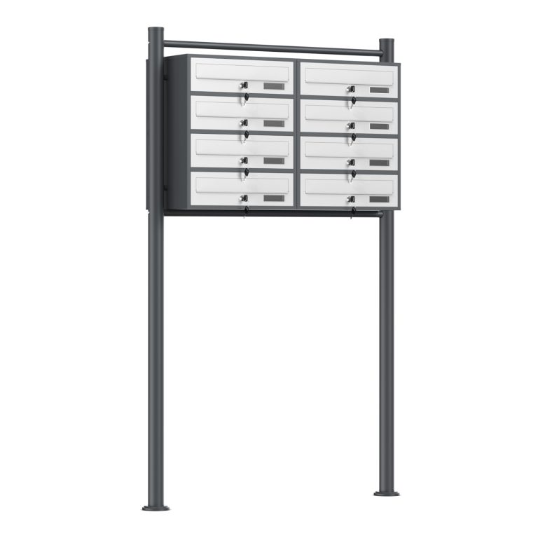 Terpo Samostoječi sklop 8 poštnih nabiralnikov iz pocinkanega jekla, bela in antracitna, 945 × 270 × 1500 mm Fasada, vrata, ograja