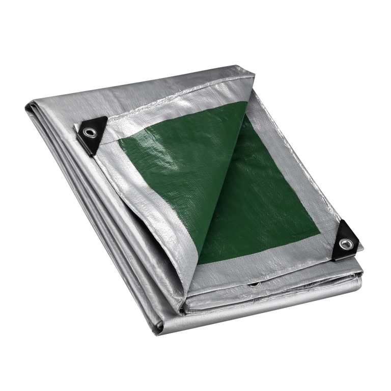 Terpo Vodoodporna zaščitna ponjava zelena/siva 8x5 m, PE 120 g/m² – UV odporna polietilenska ponjava z aluminijastimi oponkami