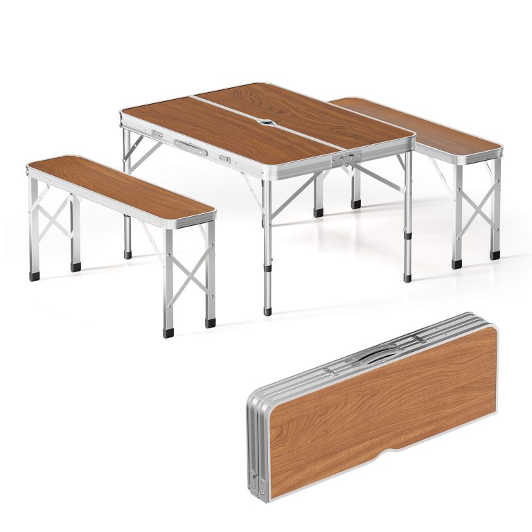 Terpo Kovčkasta miza z 2 klopema 90 x 66 x 70 cm – aluminij v lesenem videzu, zložljiva