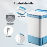 Terpo Pralni stroj za kampiranje do 6 kg, 280 W – mini pralni stroj 37 x 38 x 66 cm s centrifugo in časovnikom