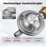 Terpo Regulator tlaka 50 mbar s propanovo cevjo 1,5 m – za jeklenke z navojem Ø 1/4" / 21,8 mm LH