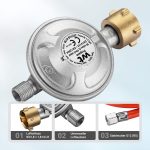 Terpo Regulator tlaka 50 mbar s propanovo cevjo 1,5 m – za jeklenke z navojem Ø 1/4" / 21,8 mm LH