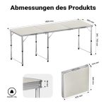 Terpo Zložljiva kamp miza 180 x 60 x 70 cm – nastavljiva višina 54/61/70 cm, aluminijasto ogrodje, plošča iz MDF